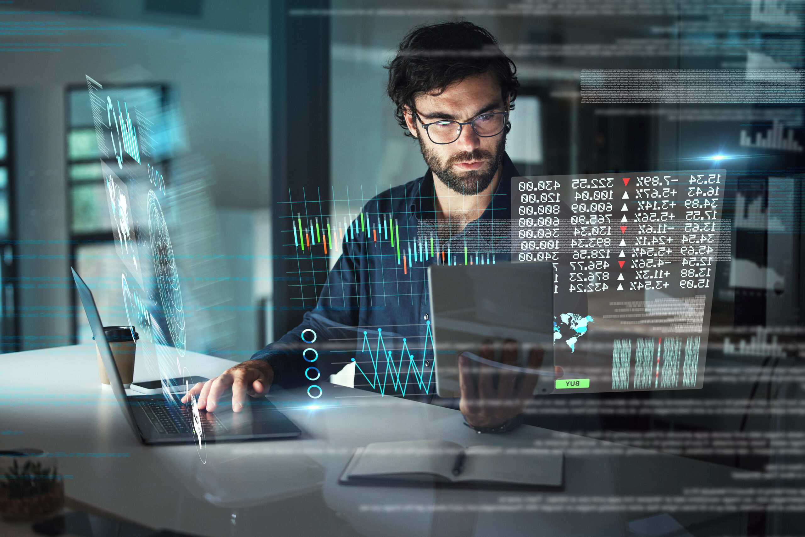 Digital, night and a businessman with technology for the stock market, finance analysis and research. Data, office and an employee reading statistics, stocks and analytics in the dark on tech at work